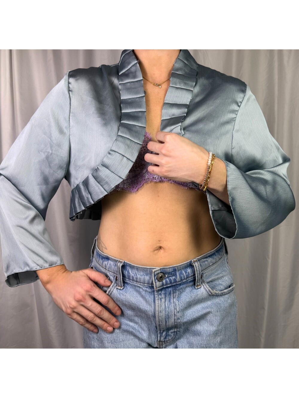 Vintage Y2K Icy Blue Satin Cropped Bolero Ruffle Bell Sleeve Jacket